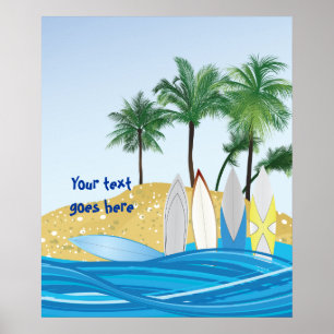 Póster Surfboards on a tropical beach with palm trees
