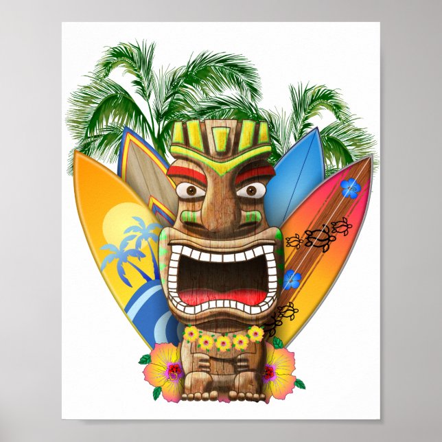 Poster Surfe de Tiki Havaiano (Frente)