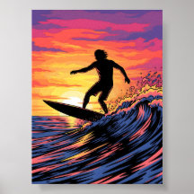 Surfer em uma pop de arte sunset
