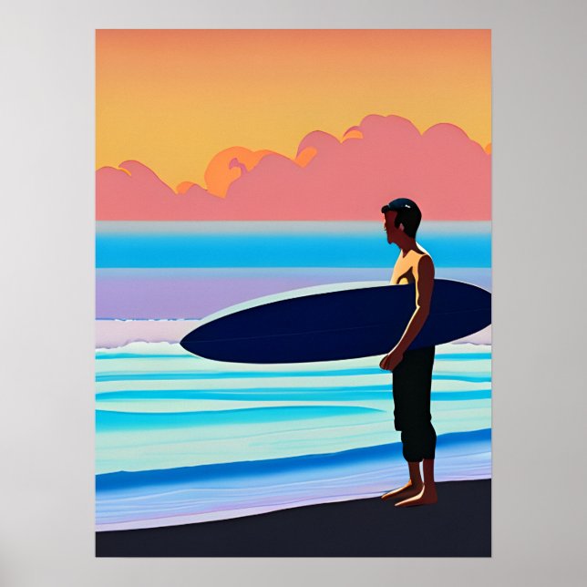 Poster Surfer em uma praia no Sunset (Frente)
