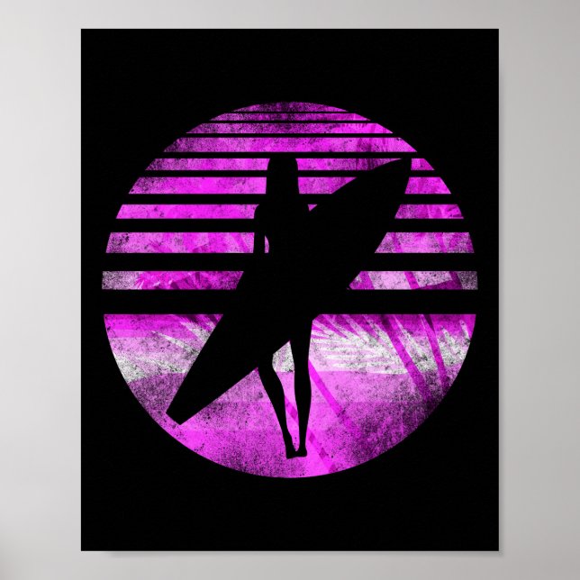 Poster Surfer Girl Surfboard Sunset Palm Tree (Frente)