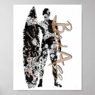 Poster Surfista De Verão Surfando De Preto Com Prancha De