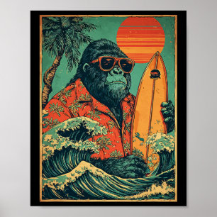 Poster Surfista Gorila Retro Havaiano Animal Surfando Pra