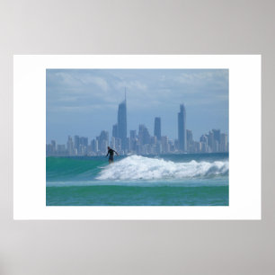 Póster Surfista na frente dos arranha-céus