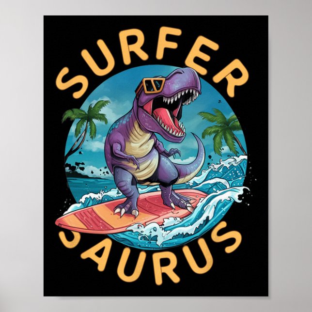 Poster Surfista Saurus T-rex Dinossauros Surfando Cavalei (Frente)