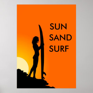 Póster Surfista Sunset Girl com surfboard, Sol, Surf de a