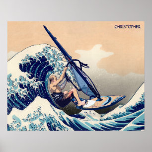 Póster Surfista Windsurfing engraçado na grande onda de
