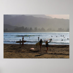 Póster Surfistas da noite, baía de Hanalei, Kauai