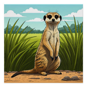 Póster Suricata em pé alerta em um campo de grama