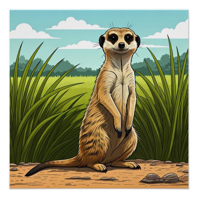 Póster Suricata em pé alerta em um campo de grama (Frente)