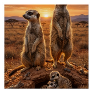Póster Suricatas Fofas em Pé na Paisagem do Deserto Vida
