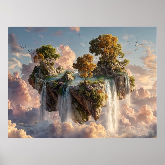 Poster Surreal Floating Cliffs With Waterfalls (Frente)