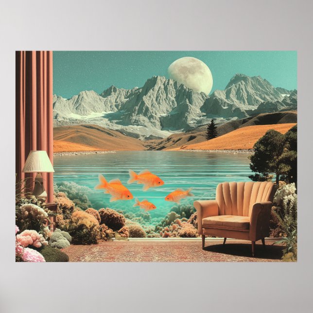 Poster Surreal Interior with Fish and Moonlit Landscape (Frente)
