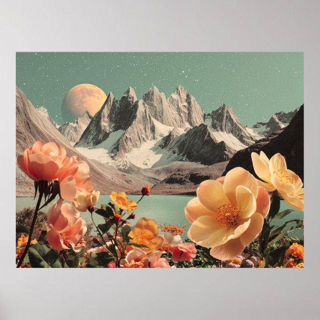 Poster Surreal Mountain Landscape With Blooming Flowers (Frente)