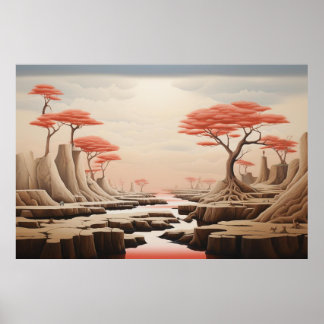 Poster Surreal Pastel Fantasy Landscape | Dreamlike Red