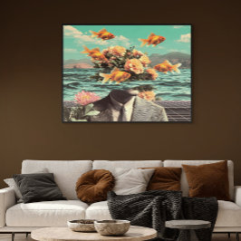 Poster Surreal Portrait With Goldfish Flowers And Ocean