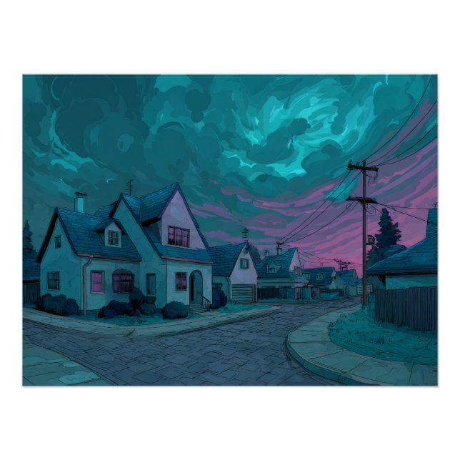 Póster Surreal Teal Twilight Suburb Scene (Frente)