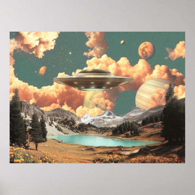 Poster Surreal UFO Above Mountain Lake with Planets (Frente)