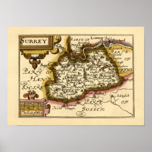 Poster Surrey County England Antigo Mapa Atlas Antiquário