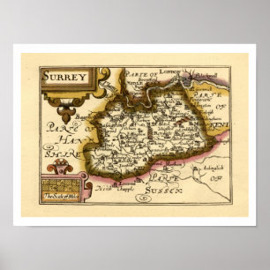 Poster Surrey County England Antigo Mapa Atlas Antiquário