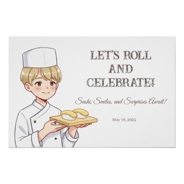 Póster Sushi Birthday Party Invitation with Cute Anime  (Frente)