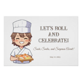 Póster Sushi Birthday Party Invitation with Cute Anime 