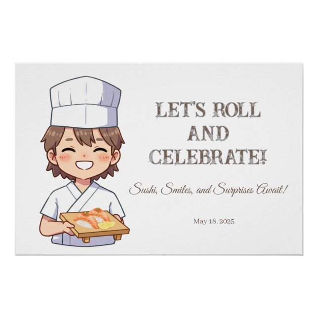 Póster Sushi Birthday Party Invitation with Cute Anime  (Frente)