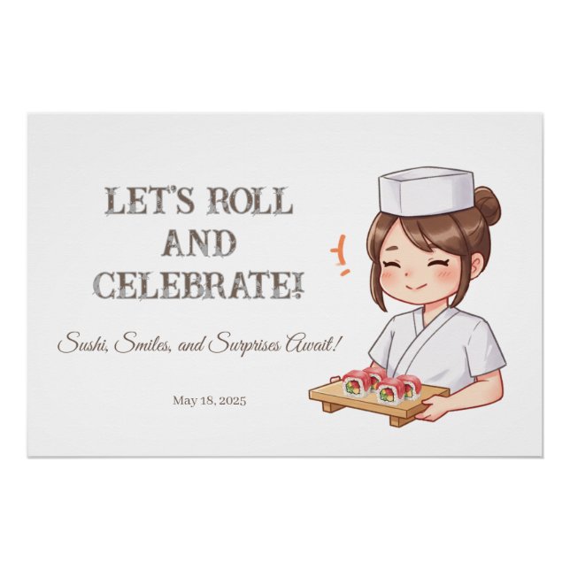 Póster Sushi Birthday Party Invitation with Cute Anime  (Frente)