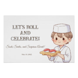 Póster Sushi Birthday Party Invitation with Cute Anime 