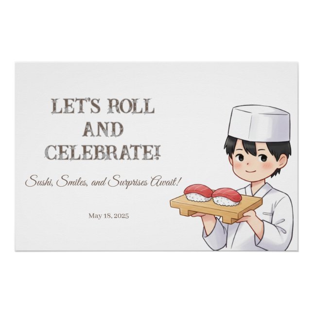 Póster Sushi Birthday Party Invitation with Cute Anime  (Frente)