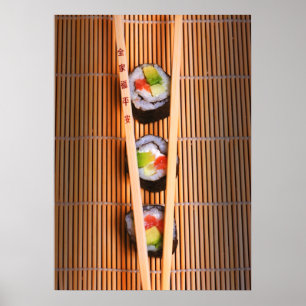 Poster Sushi e pauis de madeira