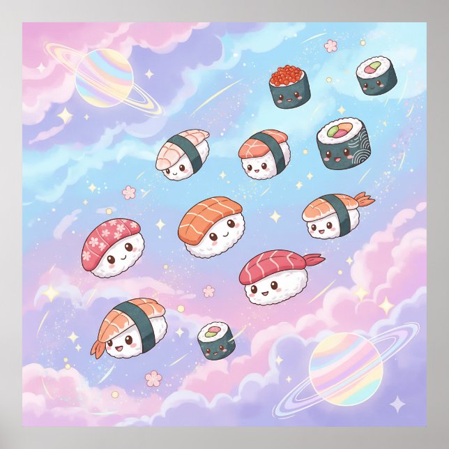 Poster Sushi Flying in Pastel Galaxy Sky (Frente)