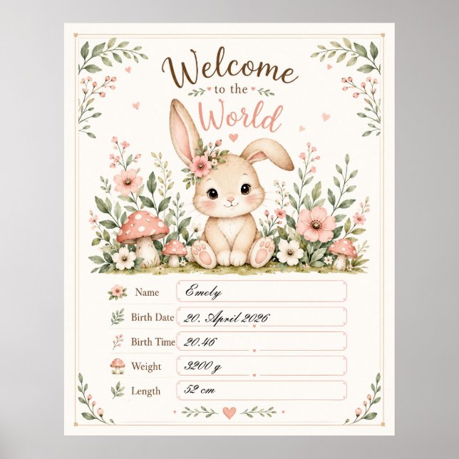 Poster Süßes Baby Hasen Design mit Geburtsdaten Feldern (Frente)