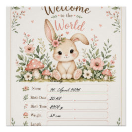 Póster Süßes Baby Hasen Design mit Geburtsdaten Feldern