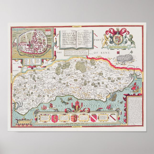 Poster Sussex, gravado por Jodocus Hondius, de John (Frente)