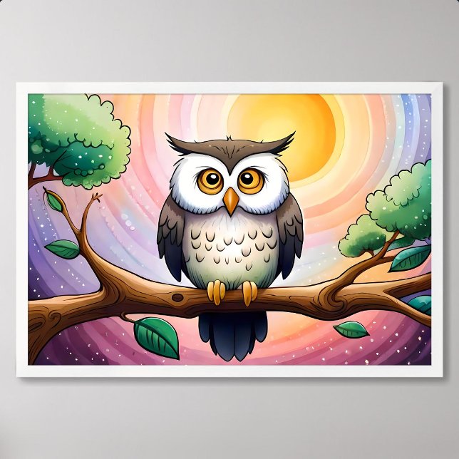 Poster Sussurro de Coruja Fresca em Lua e Estrelas (owl painting moon star night twigs tree colorful)