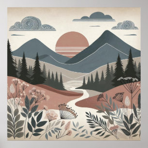 Poster Sussurros da Terra: Uma Montanha Minimalista Boho