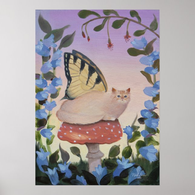 Poster Swallowtail Butterfly Cat on Mushroom Wall Art (Frente)