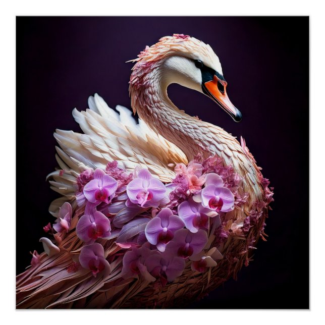 Póster Swan Surreal com Orquídeas (Frente)