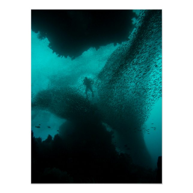 Póster Swarm of the Deep – Diver & Fish School Ocean (Frente)