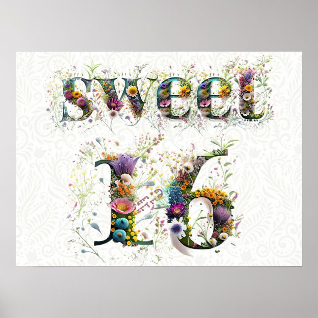 Poster Sweet 16 Happy Birthday Wildflower Text (Frente)
