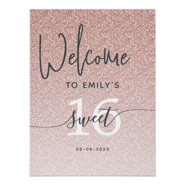 Póster Sweet 16 Party Pink Glitter Welcome Sign Poster (Frente)