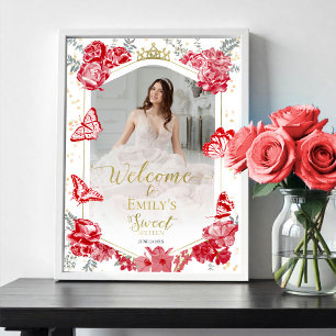 Poster Sweet 16 Photo Sign Welcome Butterfly Red Floral
