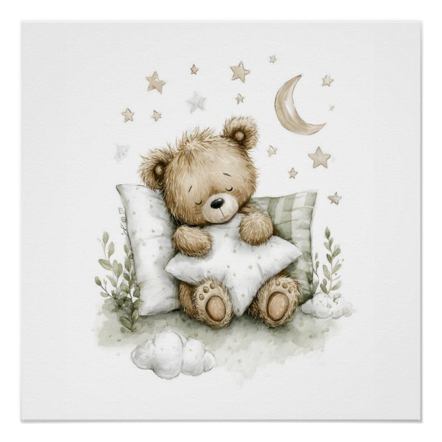 Póster Sweet baby bear fast asleep on fluffy clouds (Frente)