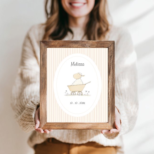 Poster Sweet Cute Sheep Beige Nursery Name Date (customizable name date baby nursery poster with a cute sheep in a wheelbarrow and beige stripes.)
