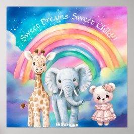Poster Sweet Dreams Rainbow Elephant & Giraffe Nursery 
