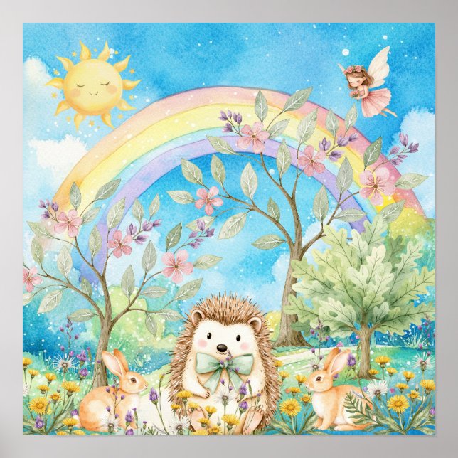 Poster Sweet Dreams Rainbow Hedgehog & Rabbits Nursery  (Frente)