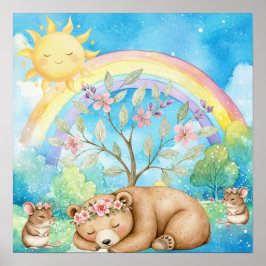 Poster Sweet Dreams Rainbow Sleepy Bear & Mice Nursery 