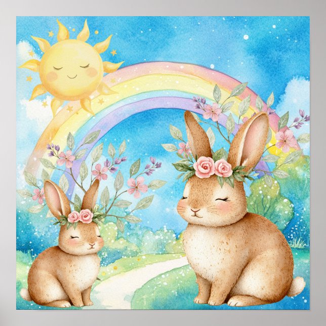 Poster Sweet Dreams Rainbow Sleepy Rabbits Nursery  (Frente)