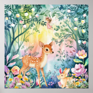 Poster Sweet Dreams Woodland Deer & Rabbits Berçário 